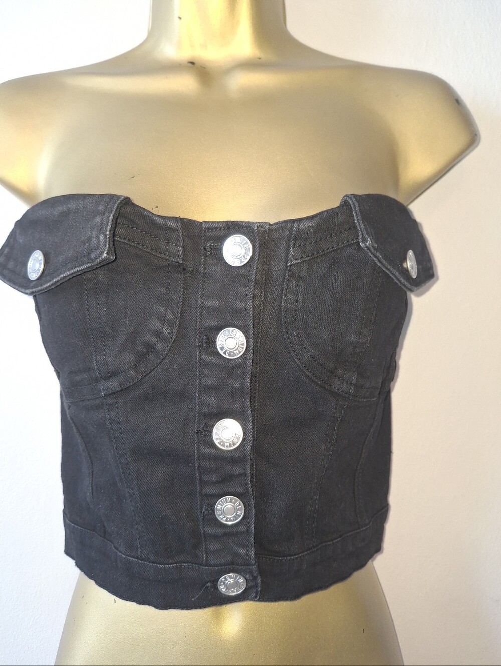 Strapless Black Denim Button-Front Crop Top